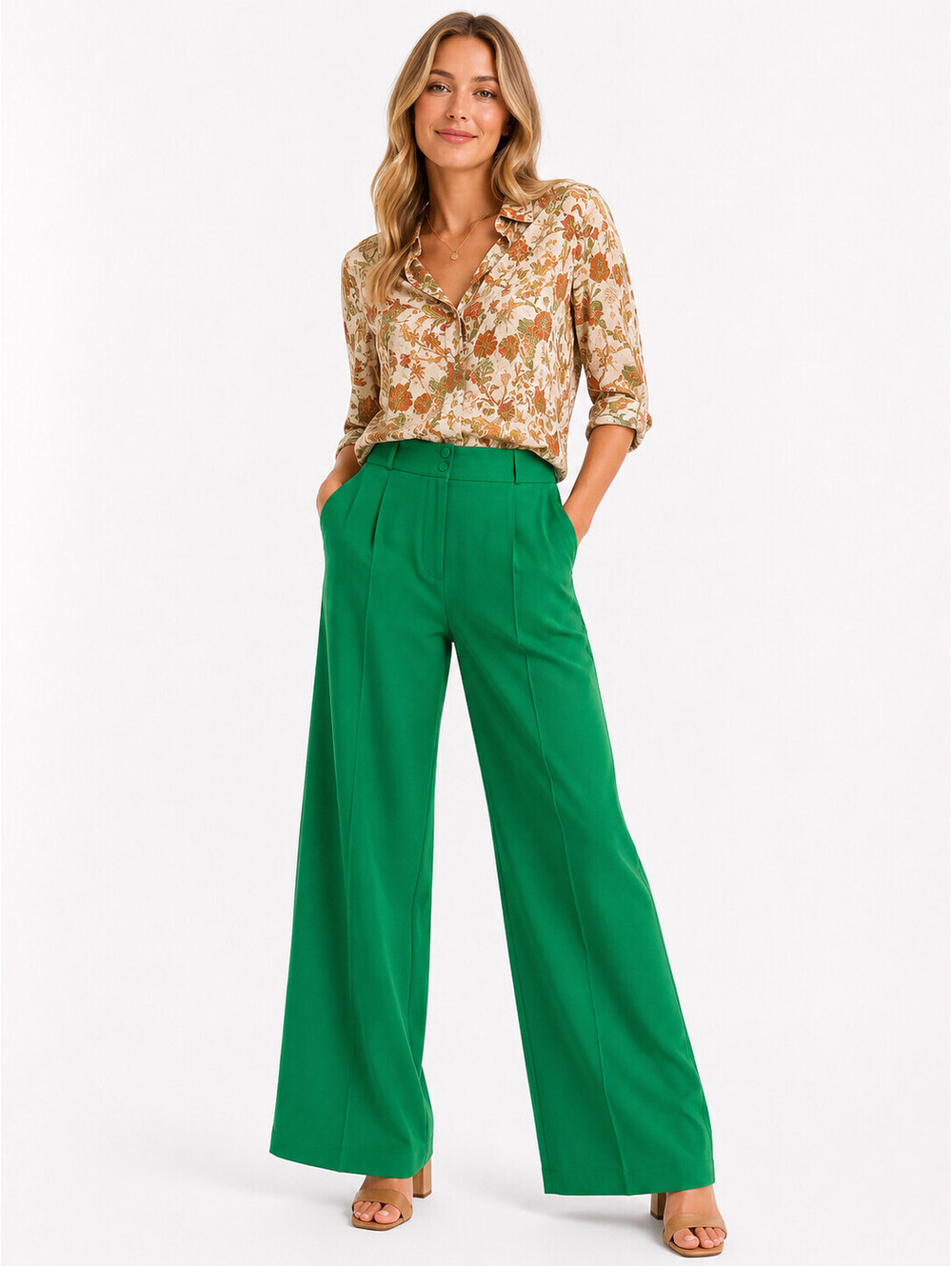 Women's Fall Green Wide Leg Dress Pants Side Pockets Front Seam Details Sz M